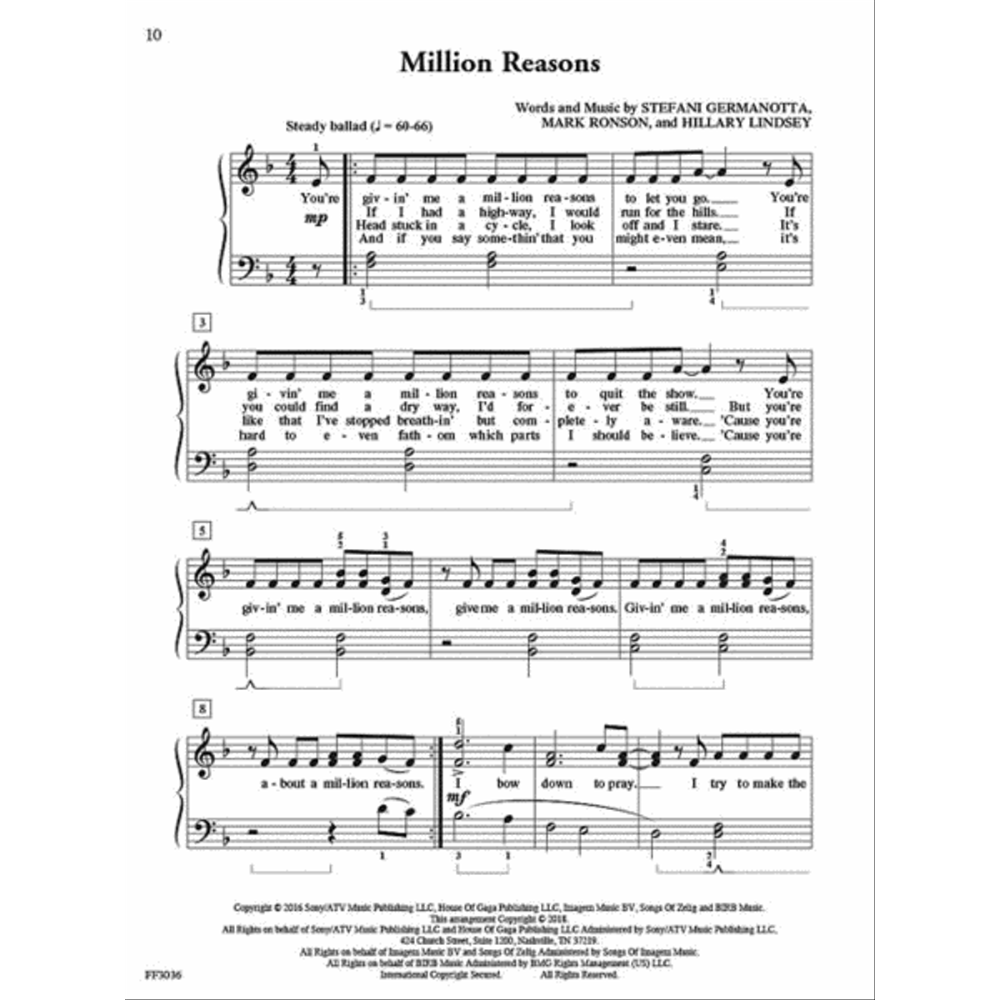 The image shows sheet music for Lady Gaga’s "Million Reasons," featuring a piano/vocal arrangement in 4/4 time, key of B♭ major, and a steady ballad tempo (♩=60-66). It includes treble and bass clefs with chord symbols, lyrics under the melody, and numbered sections. The page credits the songwriters and lists official publishing and copyright information, indicating it is from a professional sheet music collection.