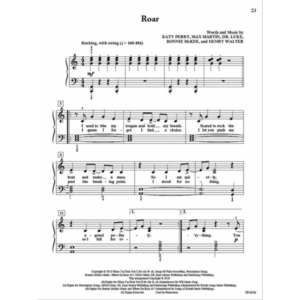 The image shows a page of sheet music for the song "Roar," with words and music by Katy Perry, Max Martin, Dr. Luke, Bonnie McKee, and Henry Walter. It includes piano and vocal notation, featuring melody, lyrics, and chords, used by musicians to perform the song on instruments like piano or guitar. This is a music sheet, not an instrument or accessory.