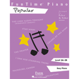 The image shows a FunTime Piano music book titled "Popular," arranged by Faber & Faber. It has a purple cover with yellow stars and black musical notes. The Level 3A-3B Easy Piano book includes songs like "The Lion Sleeps Tonight," "Star Wars," and "Pachelbel Canon." Published by Faber Piano Adventures and Hal Leonard, it’s designed for intermediate beginner piano students.
