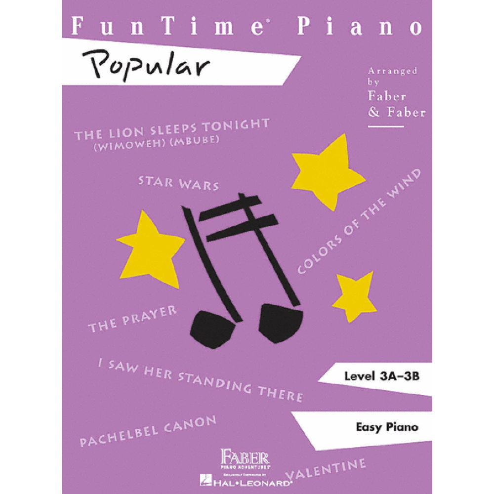 The image shows a FunTime Piano music book titled "Popular," arranged by Faber & Faber. It has a purple cover with yellow stars and black musical notes. The Level 3A-3B Easy Piano book includes songs like "The Lion Sleeps Tonight," "Star Wars," and "Pachelbel Canon." Published by Faber Piano Adventures and Hal Leonard, it’s designed for intermediate beginner piano students.