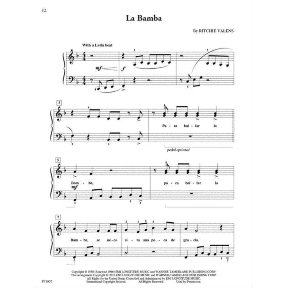 The image shows page 12 of a piano arrangement for "La Bamba" by Ritchie Valens. It features 4/4 time, key signature with one flat, both treble and bass clefs, Spanish lyrics, dynamic markings like "mf," fingering, slurs, and a "With a Latin beat" note. Numbered measures, melody with accompaniment, and "Pedal optional" are included. Copyright info from EMI Longitude Music and Warner-Tamerlane (2010) appears at the bottom.