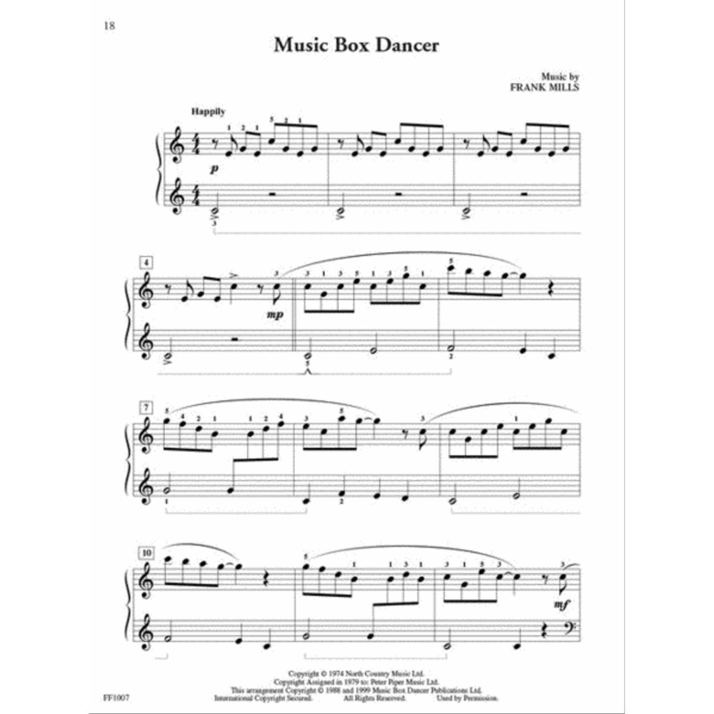 The image shows a sheet music page for "Music Box Dancer" by Frank Mills, written for piano with treble and bass clefs. It features a 4/4 time signature, "Happily" tempo, and dynamics like p and mp. Visible are multiple measures with phrase markings, varied note values, fingering, measure numbers, and a key change. Copyright info and publisher number FF1607 appear at the bottom.
