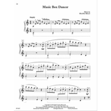 The image shows a sheet music page for "Music Box Dancer" by Frank Mills, written for piano with treble and bass clefs. It features a 4/4 time signature, "Happily" tempo, and dynamics like p and mp. Visible are multiple measures with phrase markings, varied note values, fingering, measure numbers, and a key change. Copyright info and publisher number FF1607 appear at the bottom.