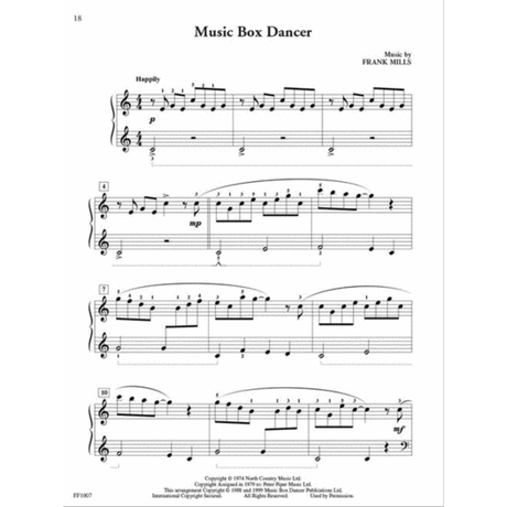 The image shows a sheet music page for "Music Box Dancer" by Frank Mills, written for piano with treble and bass clefs. It features a 4/4 time signature, "Happily" tempo, and dynamics like p and mp. Visible are multiple measures with phrase markings, varied note values, fingering, measure numbers, and a key change. Copyright info and publisher number FF1607 appear at the bottom.