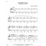 The image shows a sheet music page of Pachelbel's Canon by Johann Pachelbel, arranged for piano with grand staff notation. It features a 4/4 time signature, "Flowing" tempo, dynamic markings (p, mp, mf), fingering numbers, phrasing marks, and fermatas on sustained bass notes. Measures are numbered, highlighting the repeating bass line. This educational arrangement is from the Faber Piano Adventures series.