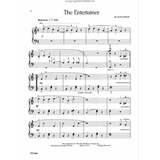 The image shows a page of piano sheet music for Scott Joplin’s ragtime piece "The Entertainer," featuring a grand staff with treble and bass clefs, tempo marking "Moderately (♩=100)," syncopated rhythms, dynamics, and phrasing marks. It includes multiple measures and copyright info from 1988 by FJH Music Company, marked "FF1008," with "Copyrighted Material" noted at the top.