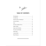 The image shows a table of contents from a music book listing pieces like The Entertainer (p.4), Snowflake Rag (p.6), When the Saints Go Marching In (p.10), Dixie (p.16), Maple Leaf Rag (p.20), and others. A decorative illustration of a hat with musical notes appears at the top. The collection features American popular music, including ragtime, patriotic songs, and marches.