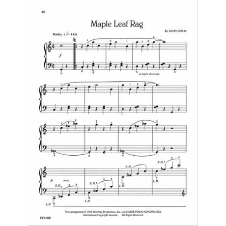 The image shows a page of piano sheet music for Scott Joplin's "Maple Leaf Rag," featuring the title, composer, tempo marking (Briskly ♩=144), and standard treble and bass clefs. It includes fingering, dynamics, hand position labels, and showcases Joplin’s syncopated ragtime style. The page is from Faber Piano Adventures (FF1008), likely an intermediate-level educational edition, and is numbered page 29.
