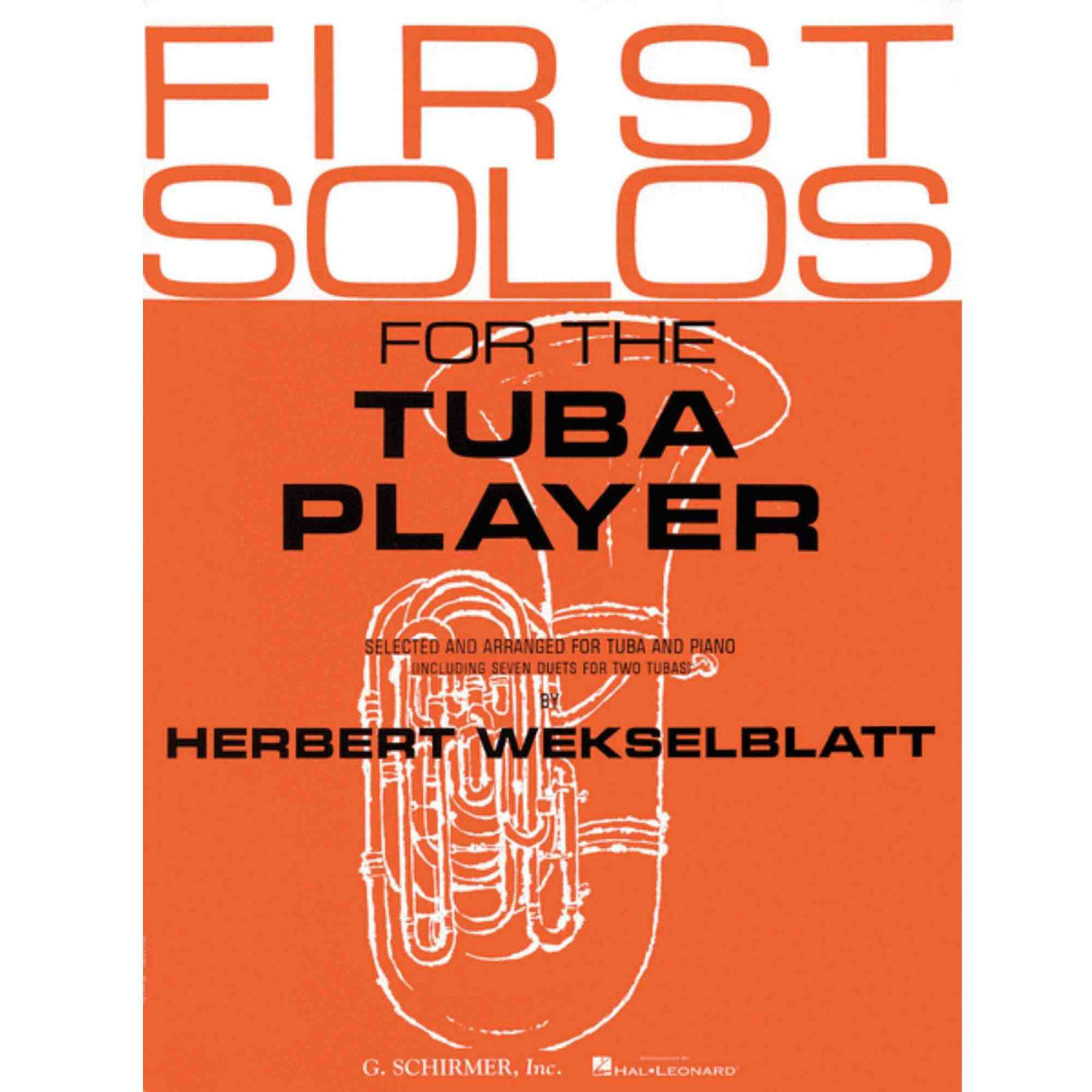 Book cover of 'First Solos for the Tuba Player' by Herbert Wekselblatt with an orange background and tuba illustration.