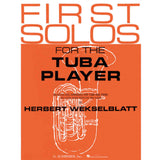 Book cover of 'First Solos for the Tuba Player' by Herbert Wekselblatt with an orange background and tuba illustration.