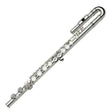 The image shows a silver-plated concert flute, a woodwind instrument typically made of metal. Visible parts include the curved head joint with the embouchure hole, the body joint with keys and tone holes, and the partially visible foot joint. The key mechanism with rods and springs controls pitch. This standard C flute is commonly used in orchestras, bands, and various music genres, featuring quality craftsmanship and a durable, attractive finish.