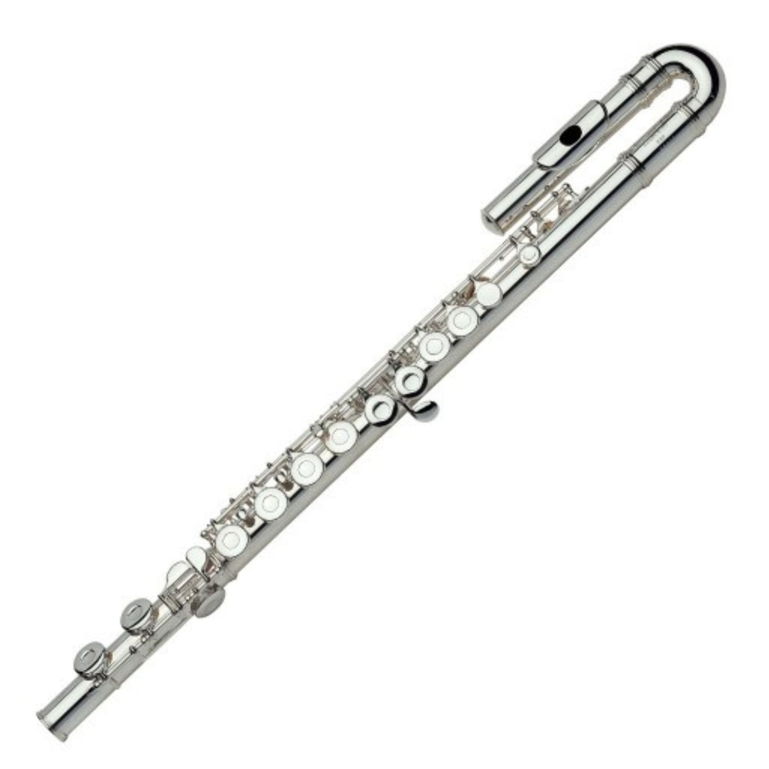 The image shows a silver-plated concert flute, a woodwind instrument typically made of metal. Visible parts include the curved head joint with the embouchure hole, the body joint with keys and tone holes, and the partially visible foot joint. The key mechanism with rods and springs controls pitch. This standard C flute is commonly used in orchestras, bands, and various music genres, featuring quality craftsmanship and a durable, attractive finish.