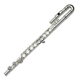 The image shows a silver-plated concert flute, a woodwind instrument typically made of metal. Visible parts include the curved head joint with the embouchure hole, the body joint with keys and tone holes, and the partially visible foot joint. The key mechanism with rods and springs controls pitch. This standard C flute is commonly used in orchestras, bands, and various music genres, featuring quality craftsmanship and a durable, attractive finish.