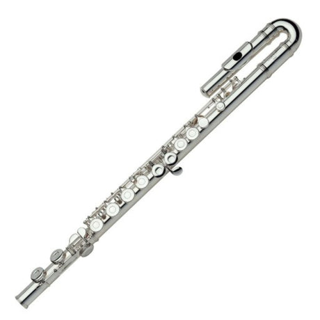 The image shows a silver-plated concert flute, a woodwind instrument typically made of metal. Visible parts include the curved head joint with the embouchure hole, the body joint with keys and tone holes, and the partially visible foot joint. The key mechanism with rods and springs controls pitch. This standard C flute is commonly used in orchestras, bands, and various music genres, featuring quality craftsmanship and a durable, attractive finish.