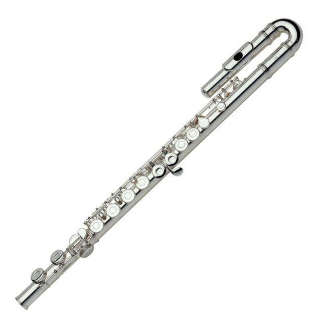 The image shows a silver-plated concert flute, a woodwind instrument typically made of metal. Visible parts include the curved head joint with the embouchure hole, the body joint with keys and tone holes, and the partially visible foot joint. The key mechanism with rods and springs controls pitch. This standard C flute is commonly used in orchestras, bands, and various music genres, featuring quality craftsmanship and a durable, attractive finish.