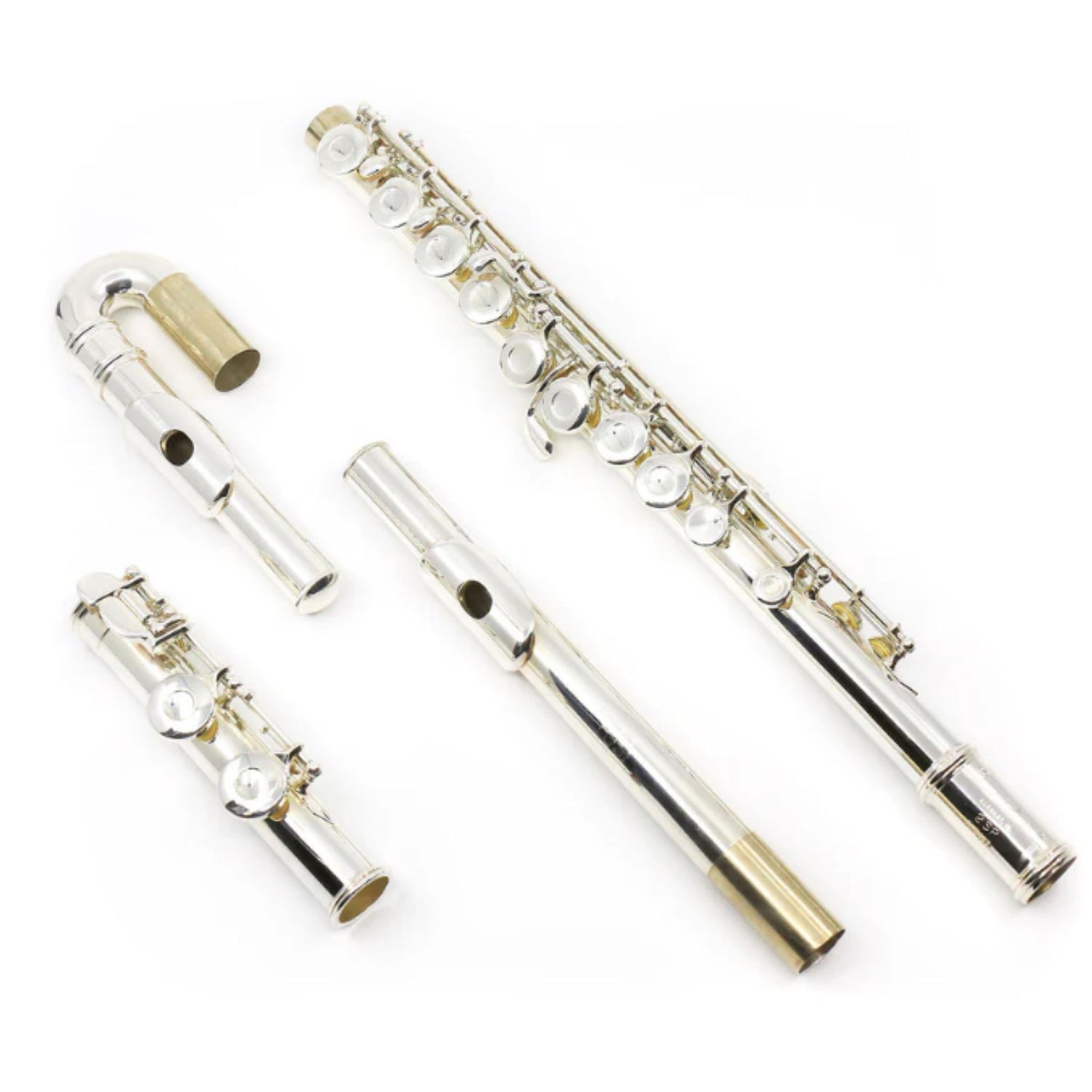 The image shows a disassembled silver-plated flute with gold accents, separated into its three main parts: the curved head joint with the embouchure hole and lip plate (upper left), the longest body joint with most keys and tone holes (right), and the short foot joint with final keys (lower left). Visible keys, springs, and rods highlight the instrument’s intricate mechanism and craftsmanship.