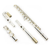 The image shows a disassembled silver-plated flute with gold accents, separated into its three main parts: the curved head joint with the embouchure hole and lip plate (upper left), the longest body joint with most keys and tone holes (right), and the short foot joint with final keys (lower left). Visible keys, springs, and rods highlight the instrument’s intricate mechanism and craftsmanship.