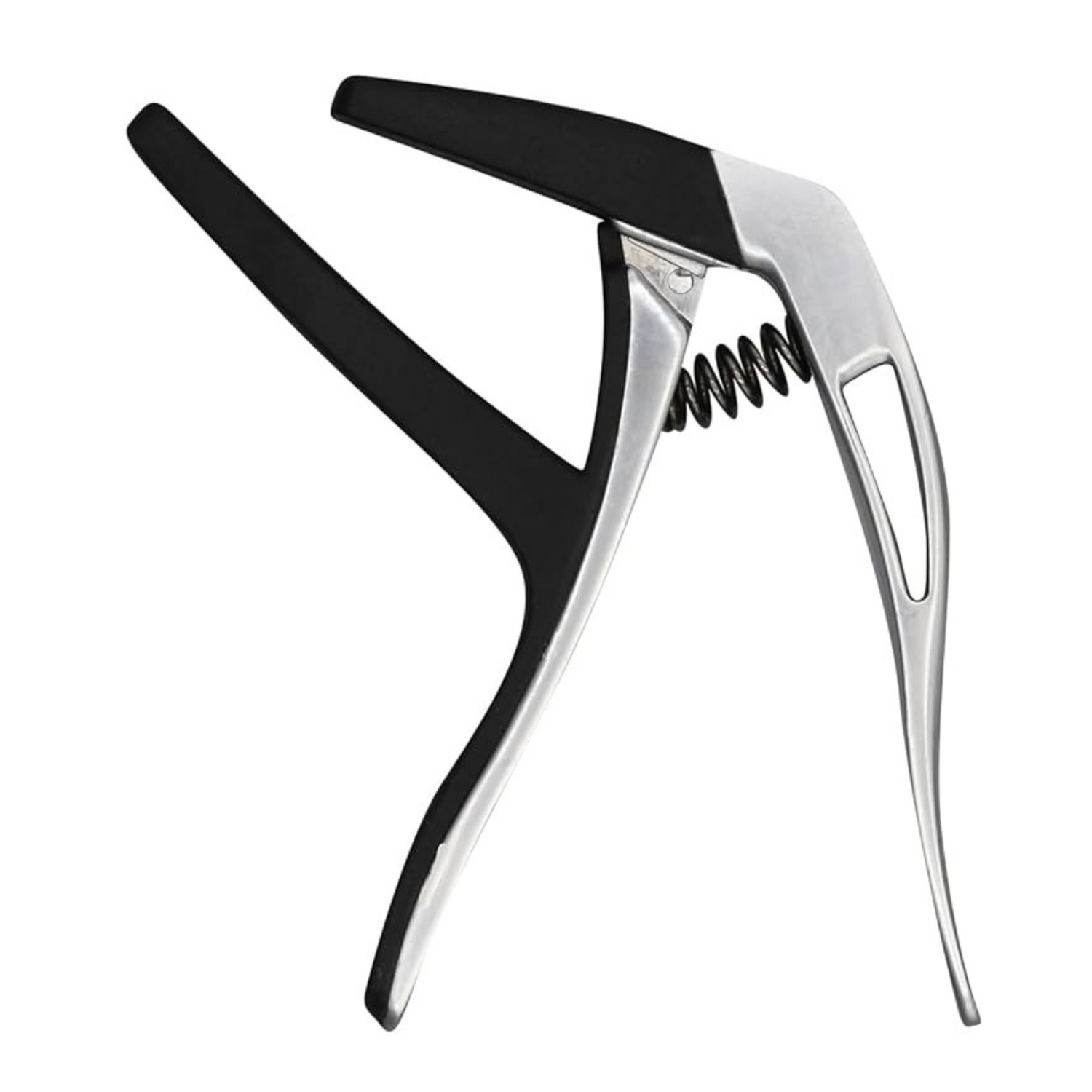 The image shows a spring-loaded trigger-style guitar capo with a silver metal frame and black rubber padding. It clamps onto the fretboard to raise the pitch of all strings, allowing guitarists to change keys, ease difficult chords, and alter tonal quality. The black padding protects the guitar while ensuring a secure grip, and the design enables quick one-handed positioning and removal.