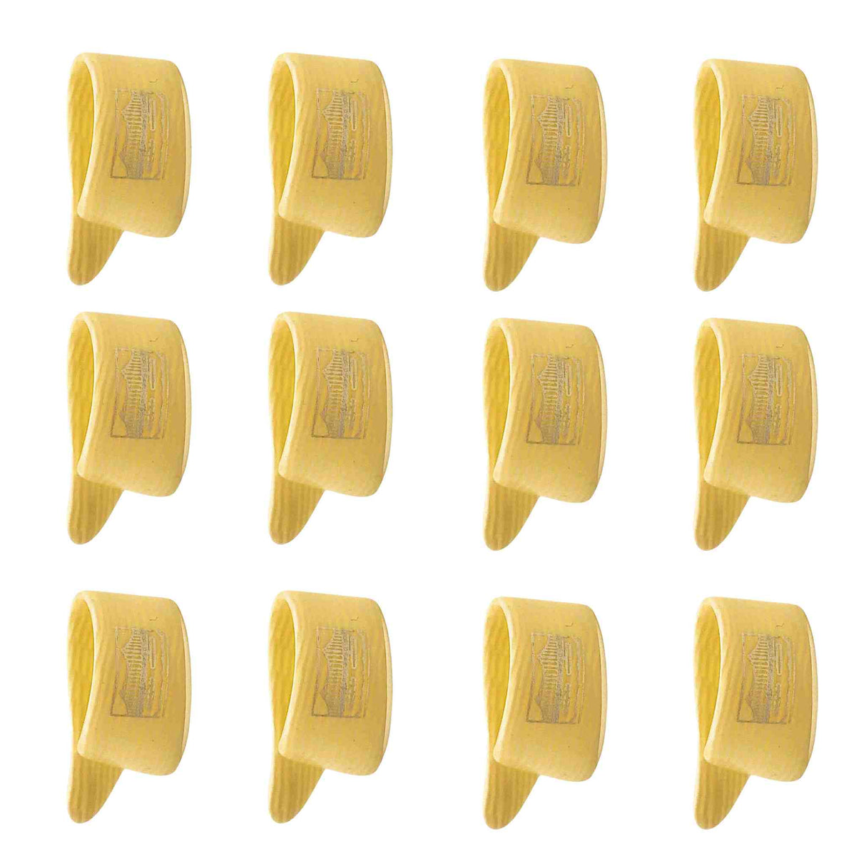 The image shows 12 yellow/amber guitar picks arranged in a 3x4 grid. They are standard picks made from translucent or semi-transparent plastic, possibly celluloid. Each pick features text or branding, though it is not clearly legible. These classic-colored picks are typical accessories used by guitarists to strum or pluck strings, suggesting a vintage or traditional style.