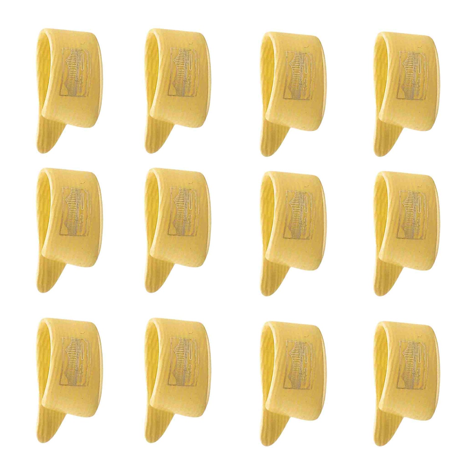 The image shows 12 yellow/amber guitar picks arranged in a 3x4 grid. They are standard picks made from translucent or semi-transparent plastic, possibly celluloid. Each pick features text or branding, though it is not clearly legible. These classic-colored picks are typical accessories used by guitarists to strum or pluck strings, suggesting a vintage or traditional style.