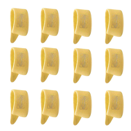 The image shows 12 yellow/amber guitar picks arranged in a 3x4 grid. They are standard picks made from translucent or semi-transparent plastic, possibly celluloid. Each pick features text or branding, though it is not clearly legible. These classic-colored picks are typical accessories used by guitarists to strum or pluck strings, suggesting a vintage or traditional style.