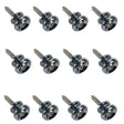 The image shows a set of 12 chrome-plated guitar strap locks arranged in a 3x4 grid. Each features a round, concave metal button with an attached wood screw for mounting. These strap locks replace standard buttons, providing secure attachment points for guitar straps. Their durable chrome finish matches other guitar hardware. This bulk pack is ideal for guitar technicians, stores, or musicians servicing multiple guitars.