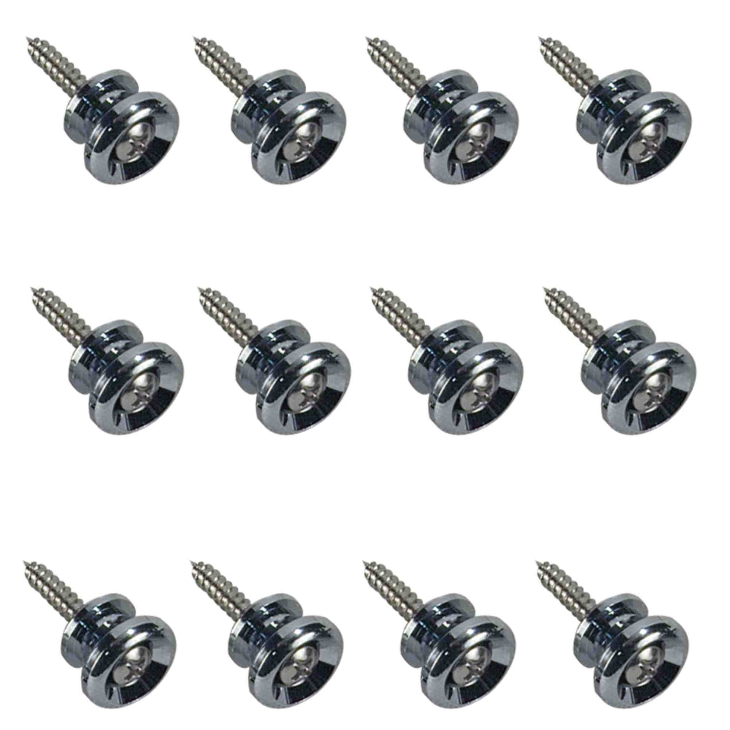 The image shows a set of 12 chrome-plated guitar strap locks arranged in a 3x4 grid. Each features a round, concave metal button with an attached wood screw for mounting. These strap locks replace standard buttons, providing secure attachment points for guitar straps. Their durable chrome finish matches other guitar hardware. This bulk pack is ideal for guitar technicians, stores, or musicians servicing multiple guitars.