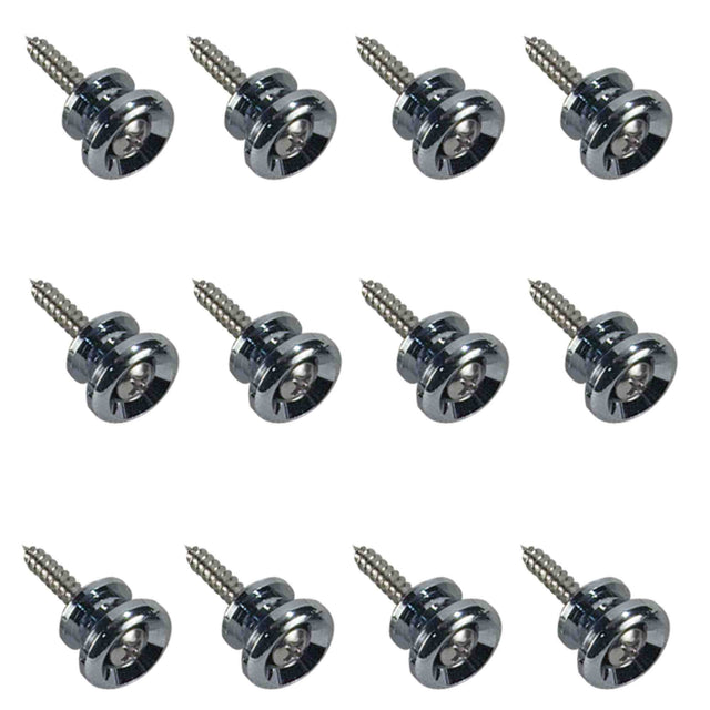 The image shows a set of 12 chrome-plated guitar strap locks arranged in a 3x4 grid. Each features a round, concave metal button with an attached wood screw for mounting. These strap locks replace standard buttons, providing secure attachment points for guitar straps. Their durable chrome finish matches other guitar hardware. This bulk pack is ideal for guitar technicians, stores, or musicians servicing multiple guitars.