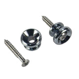 The image shows two chrome/nickel-plated metal strap lock buttons with matching Phillips screws. These rounded, cup-like buttons secure guitar straps to electric or acoustic guitars, typically mounted on the upper bout and bottom end. They provide a safe attachment for playing standing up, preventing the strap from slipping. This essential hardware is commonly used by guitarists for secure strap connection.