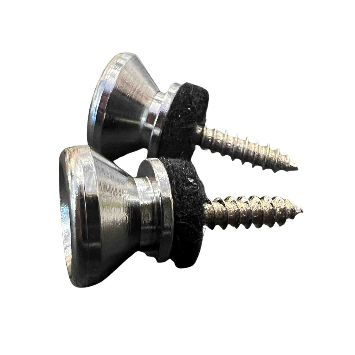 The image shows two guitar strap locks, which replace standard strap buttons. Each lock includes a chrome metal button, a threaded screw for mounting, and a black washer for secure fitting. These locks prevent straps from accidentally detaching during performances, providing extra security for standing guitarists and bassists.
