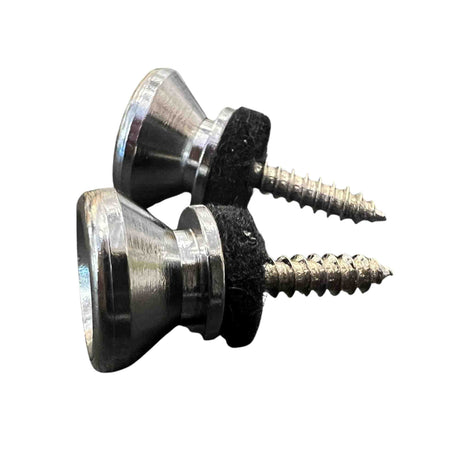 The image shows two guitar strap locks, which replace standard strap buttons. Each lock includes a chrome metal button, a threaded screw for mounting, and a black washer for secure fitting. These locks prevent straps from accidentally detaching during performances, providing extra security for standing guitarists and bassists.