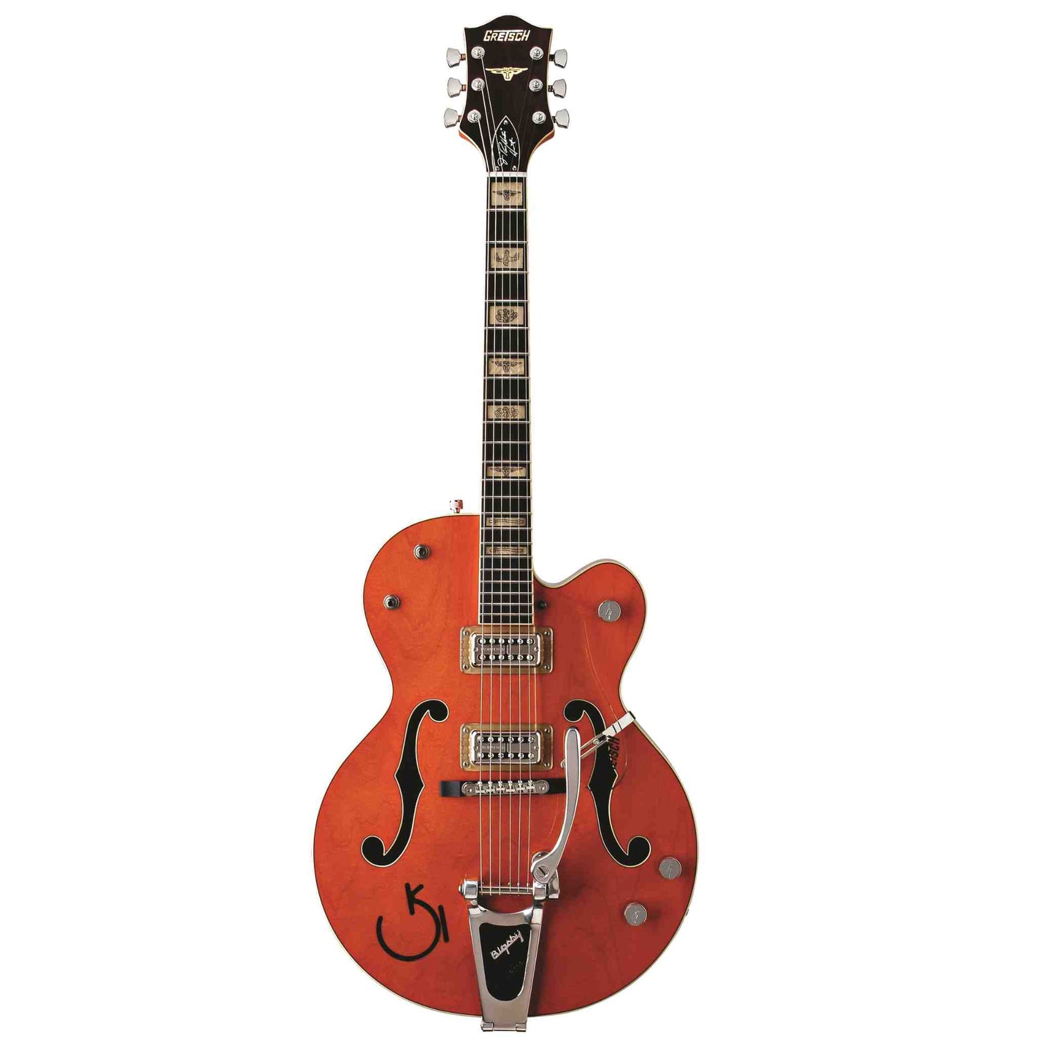 Gretsch G6120RHH Reverend Horton Heat Signature 6120 Hollow Body Electric guitar with a orange body and  clear pickguard on a white background. 