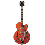 Gretsch G6120RHH Reverend Horton Heat Signature 6120 Hollow Body Electric guitar with a orange body and  clear pickguard on a white background. 