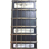 Guitar fretboard with decorative inlays of barbwire fences and steer heads a white background