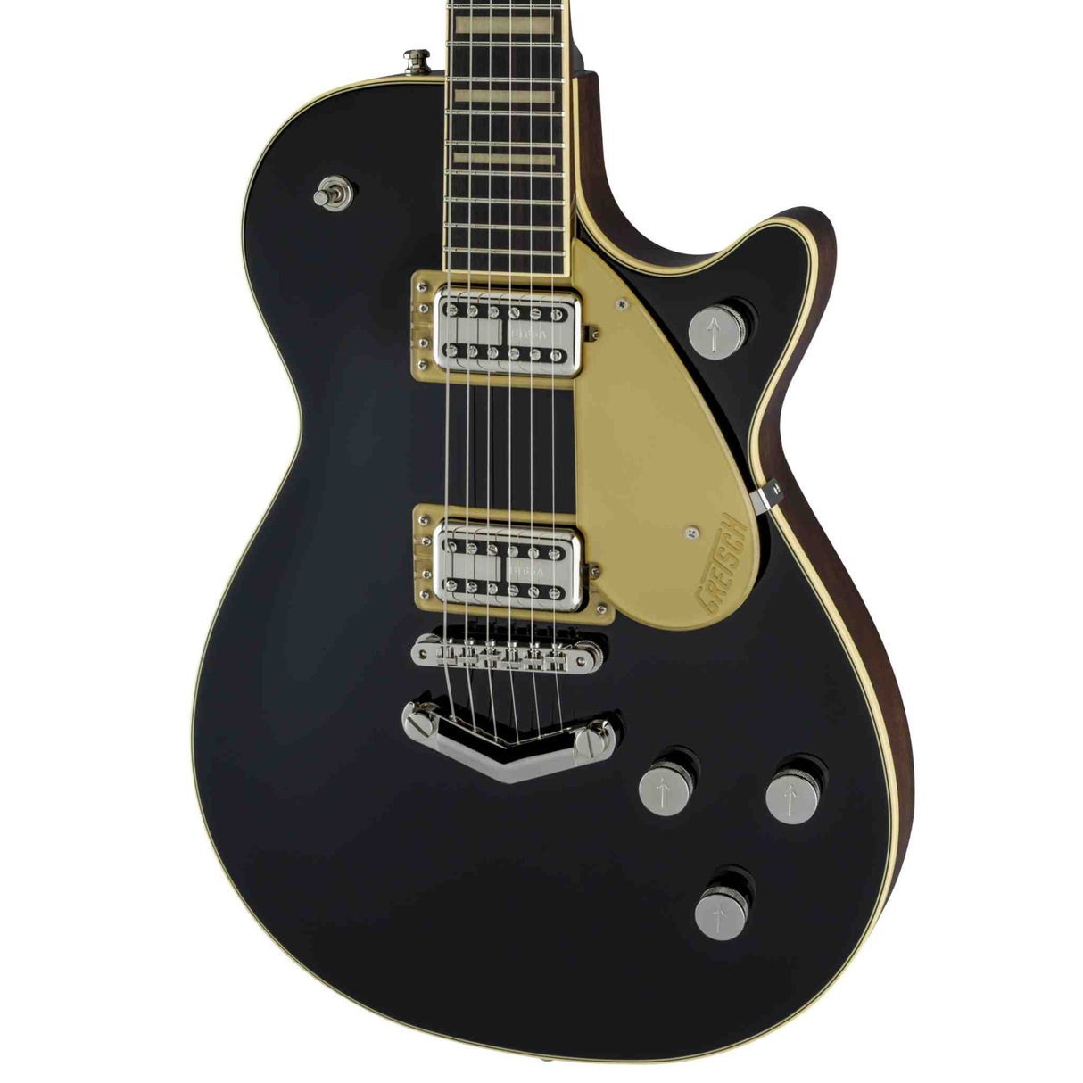 Front view of a Gretsch G6228 Players Edition Jet BT Black electric guitar with gold hardware on a white background