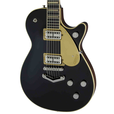 Front view of a Gretsch G6228 Players Edition Jet BT Black electric guitar with gold hardware on a white background