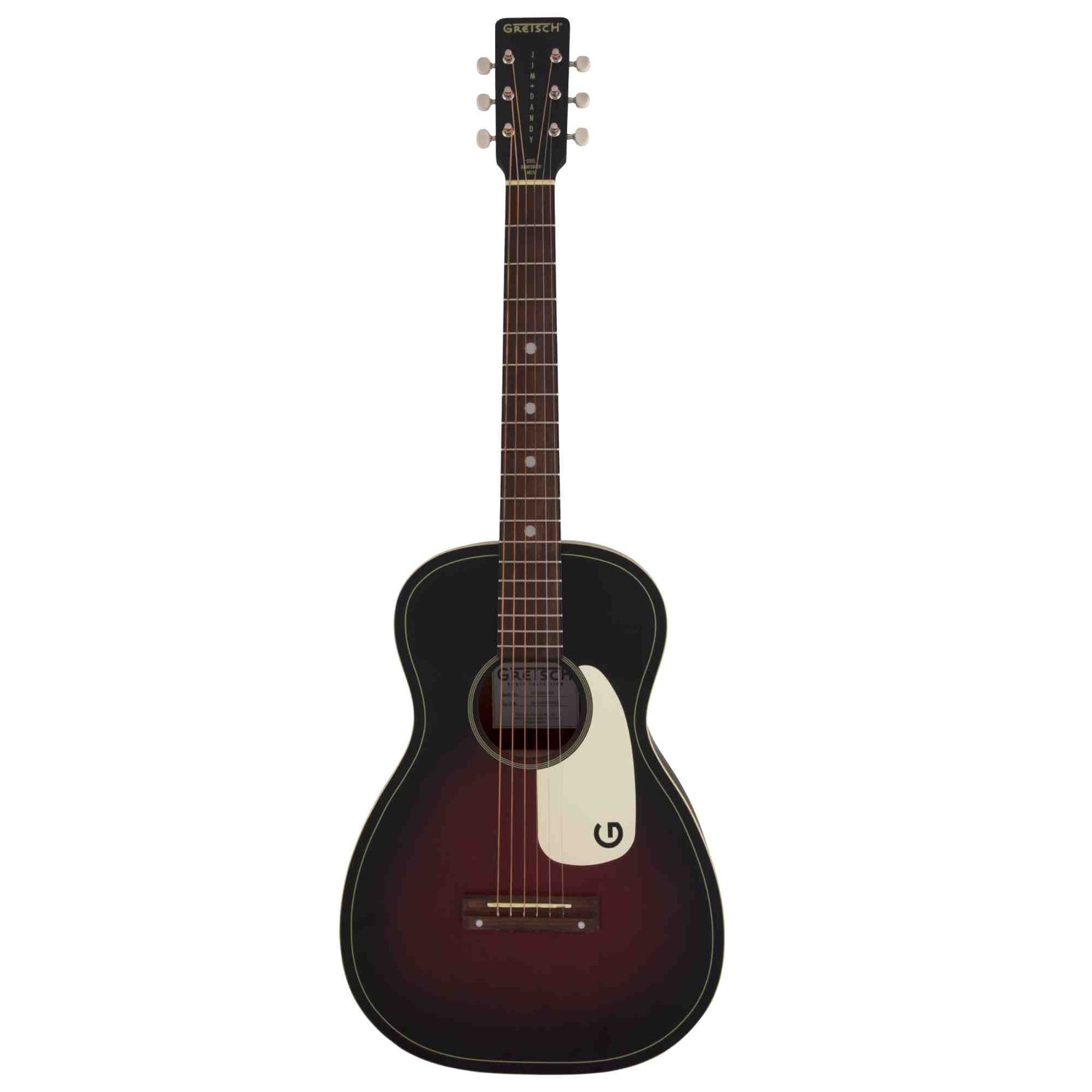 Gretsch Jim Dandy Parlor sized acoustic guitar with a sunburst finish on a white background