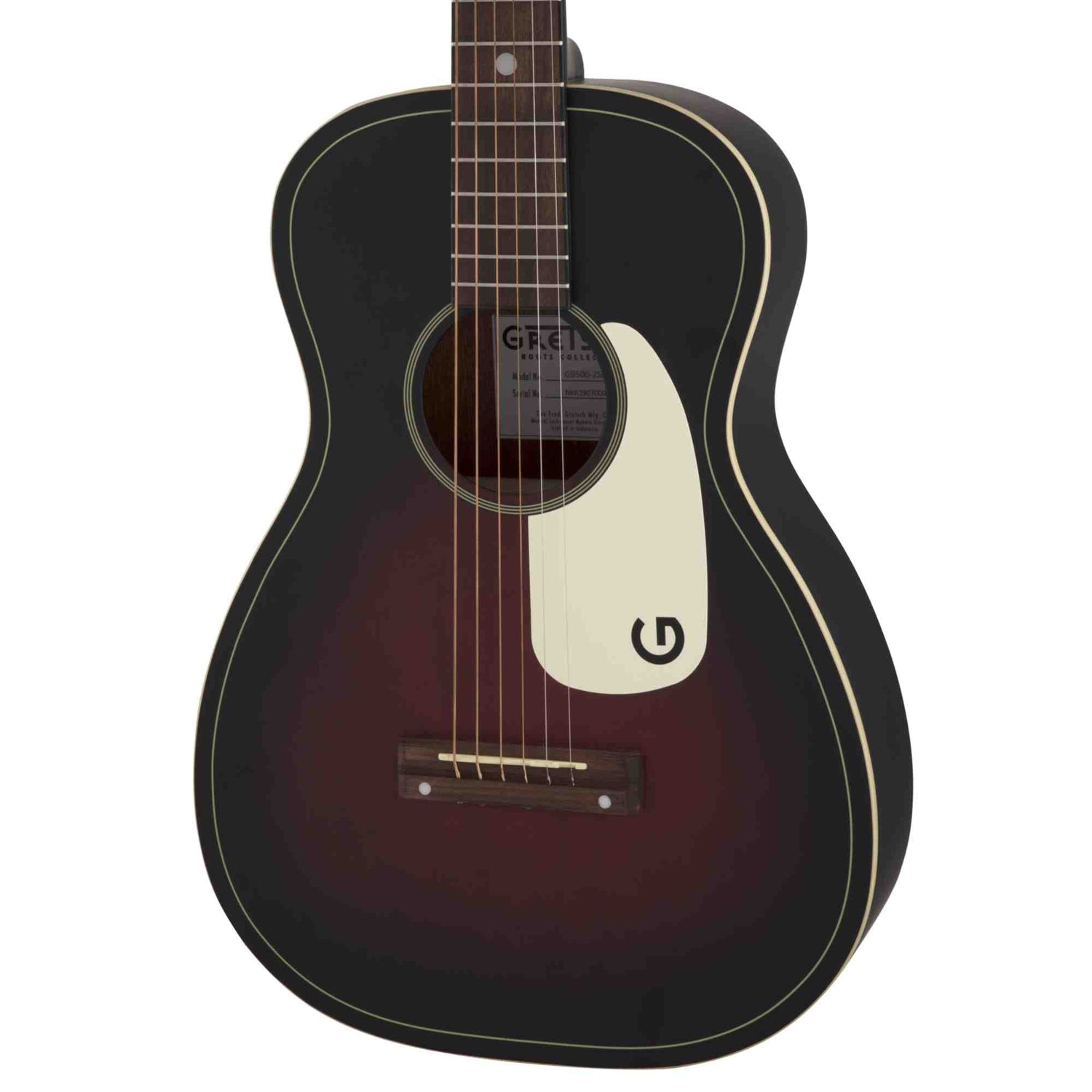 G9500 Jim Dandy 24" Flat Top Acoustic guitar with a black body and white pickguard on a white background