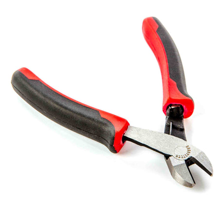 The image shows a pair of wire cutters with red and black ergonomic handles, commonly used in the music industry for cutting guitar strings, trimming piano wire, and working on other stringed instruments. These pliers provide precision and comfort for clean cuts, essential for instrument maintenance and electronic audio equipment setup.