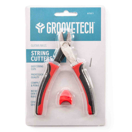 The image shows a GrooveTech guitar/bass string cutter in retail packaging. It features red and black ergonomic handles and is designed for clean, precise cuts on various string gauges. The package highlights easy cutting, professional quality, a compact design, and dent-free blades. This specialized tool is ideal for musicians and technicians who frequently change guitar and bass strings.