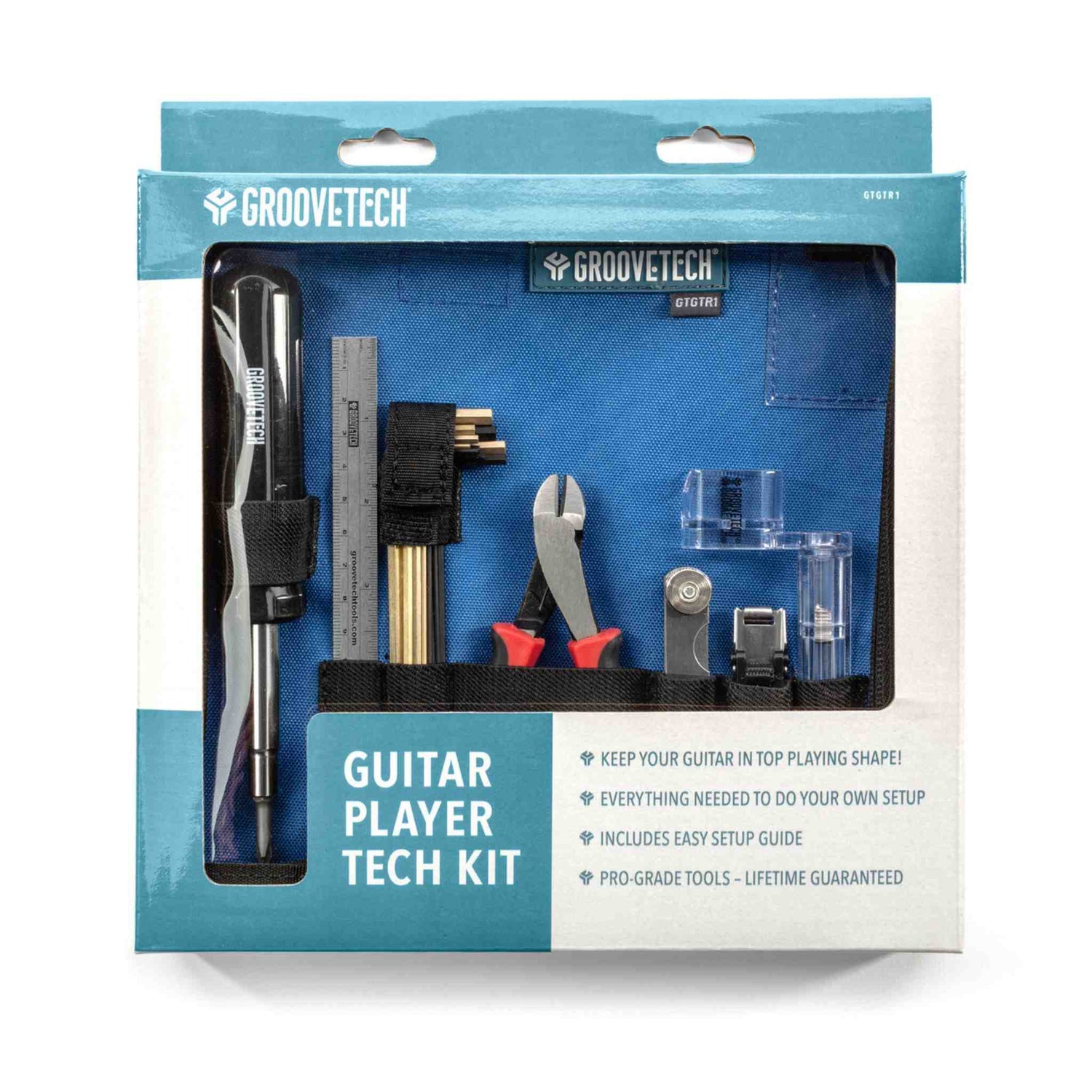 Retail box of guitar repair kit with all tools shown