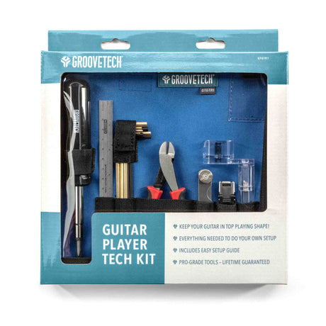 Retail box of guitar repair kit with all tools shown