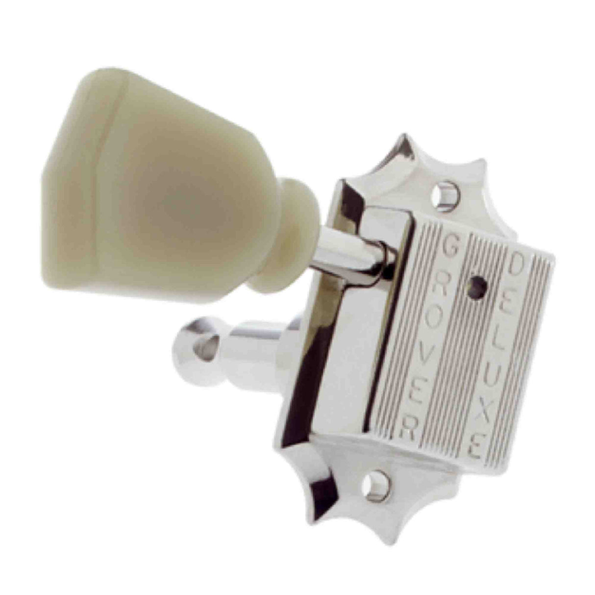 The image shows a guitar tuning peg with a cream-colored button and chrome metal housing embossed with "GROVER." It features an internal gear mechanism and mounting holes for attaching to a guitar headstock. This vintage-style Grover tuning machine ensures precise tuning and string stability, combining classic design with reliable performance favored by musicians and enthusiasts.