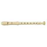 A white soprano recorder with Tudor branding.