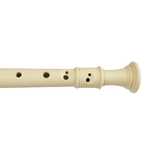 A close view of the fingering holes on a white soprano recorder.
