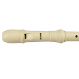 A close view of the mouthpiece of a white soprano recorder with Tudor branding.