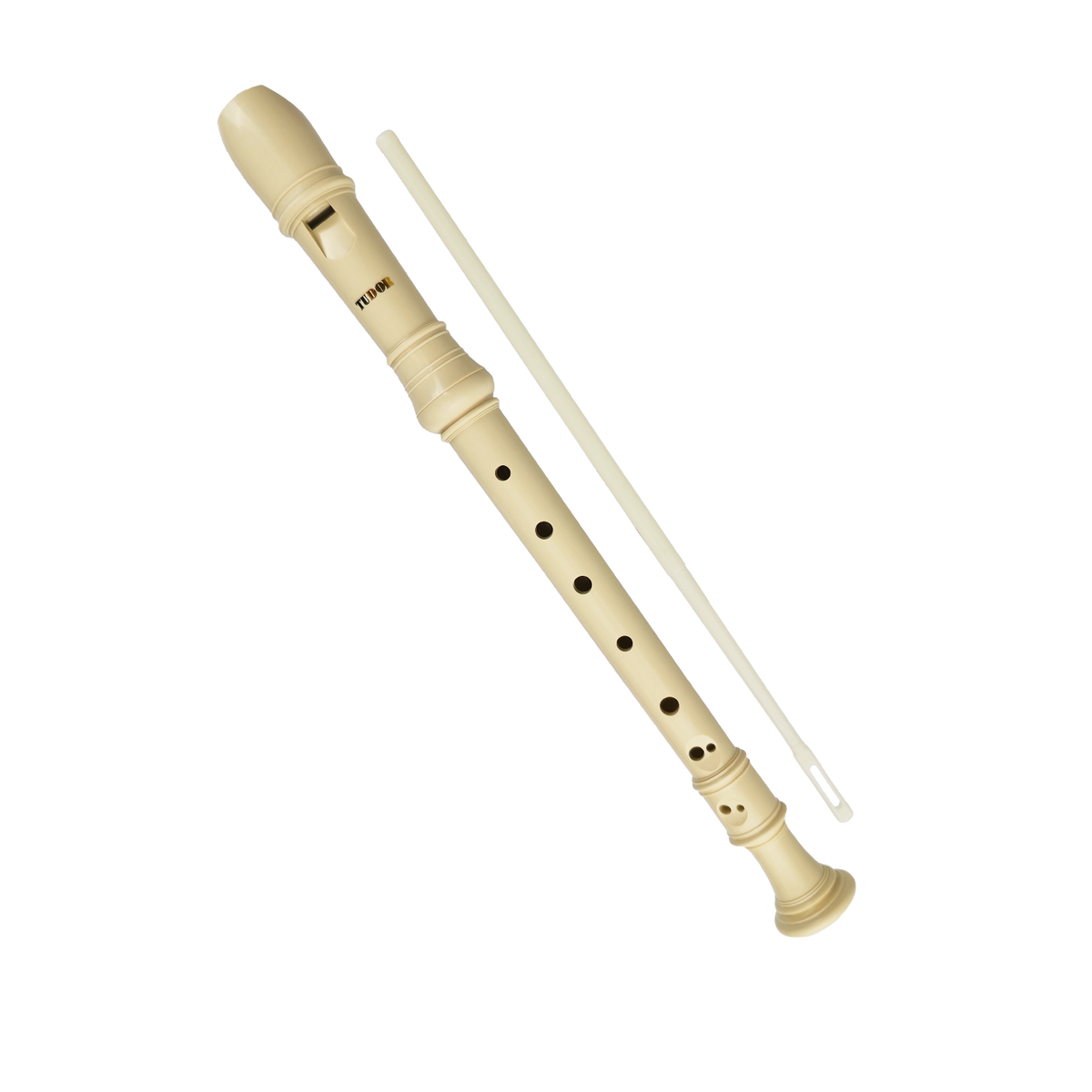 A white soprano recorder with Tudor branding along side a cleaning rod.