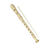 A white soprano recorder with Tudor branding along side a cleaning rod.