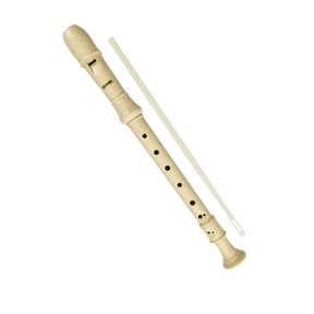 A white soprano recorder with Tudor branding along side a cleaning rod.