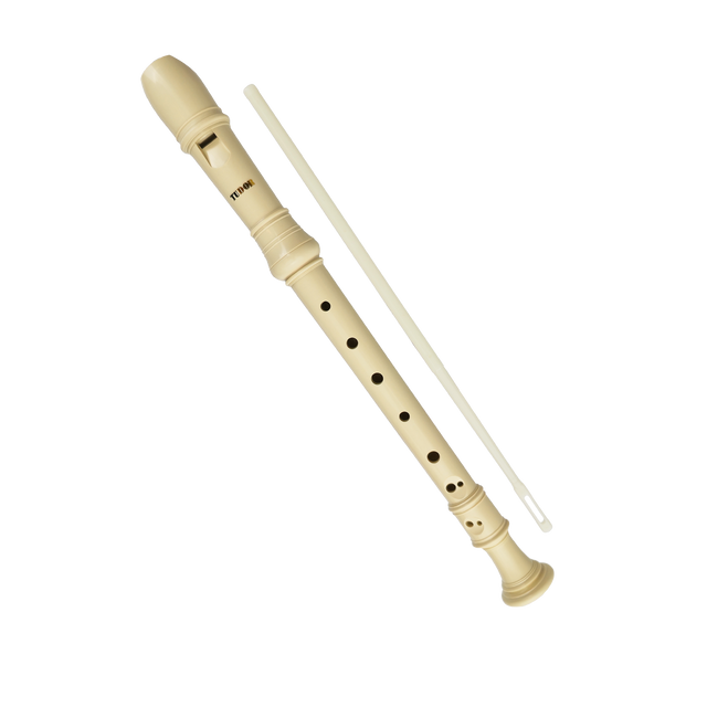 A white soprano recorder with Tudor branding along side a cleaning rod.